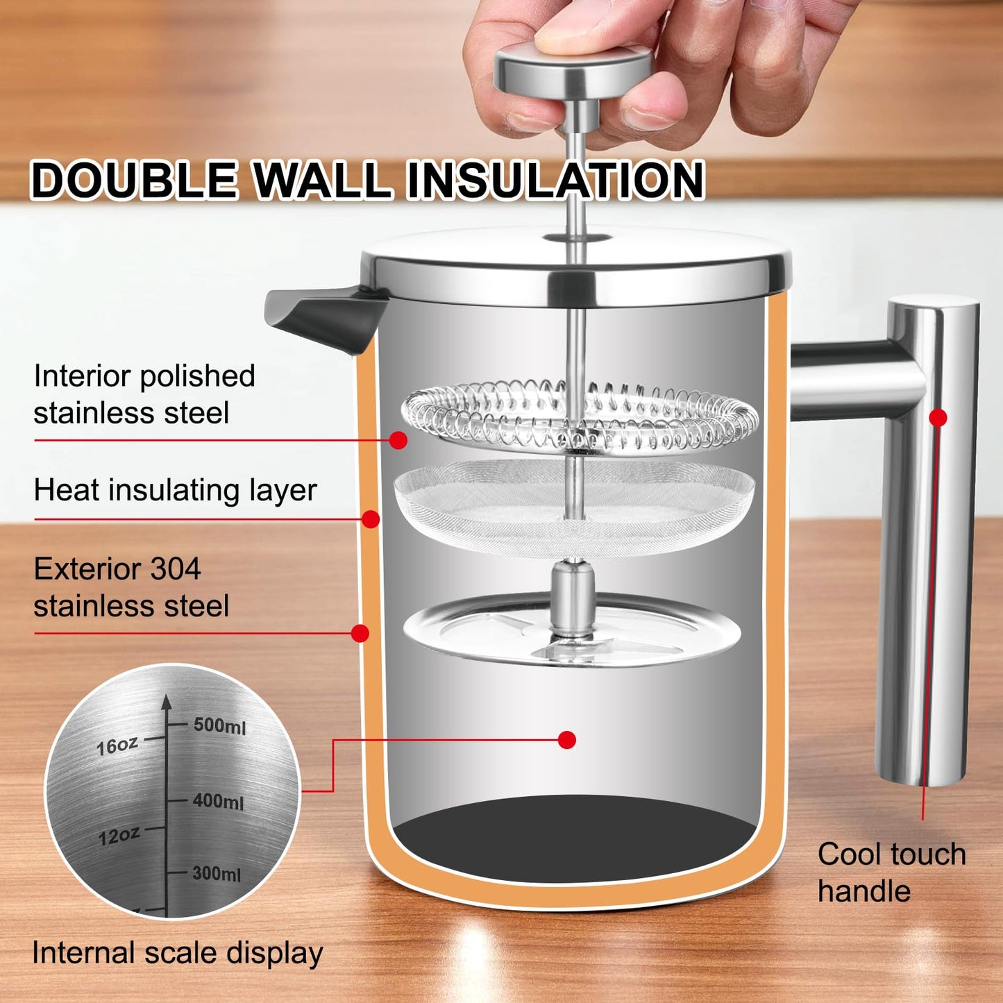 French Press Coffee Maker with Scale, 304 Stainless Steel French Press,17OZ