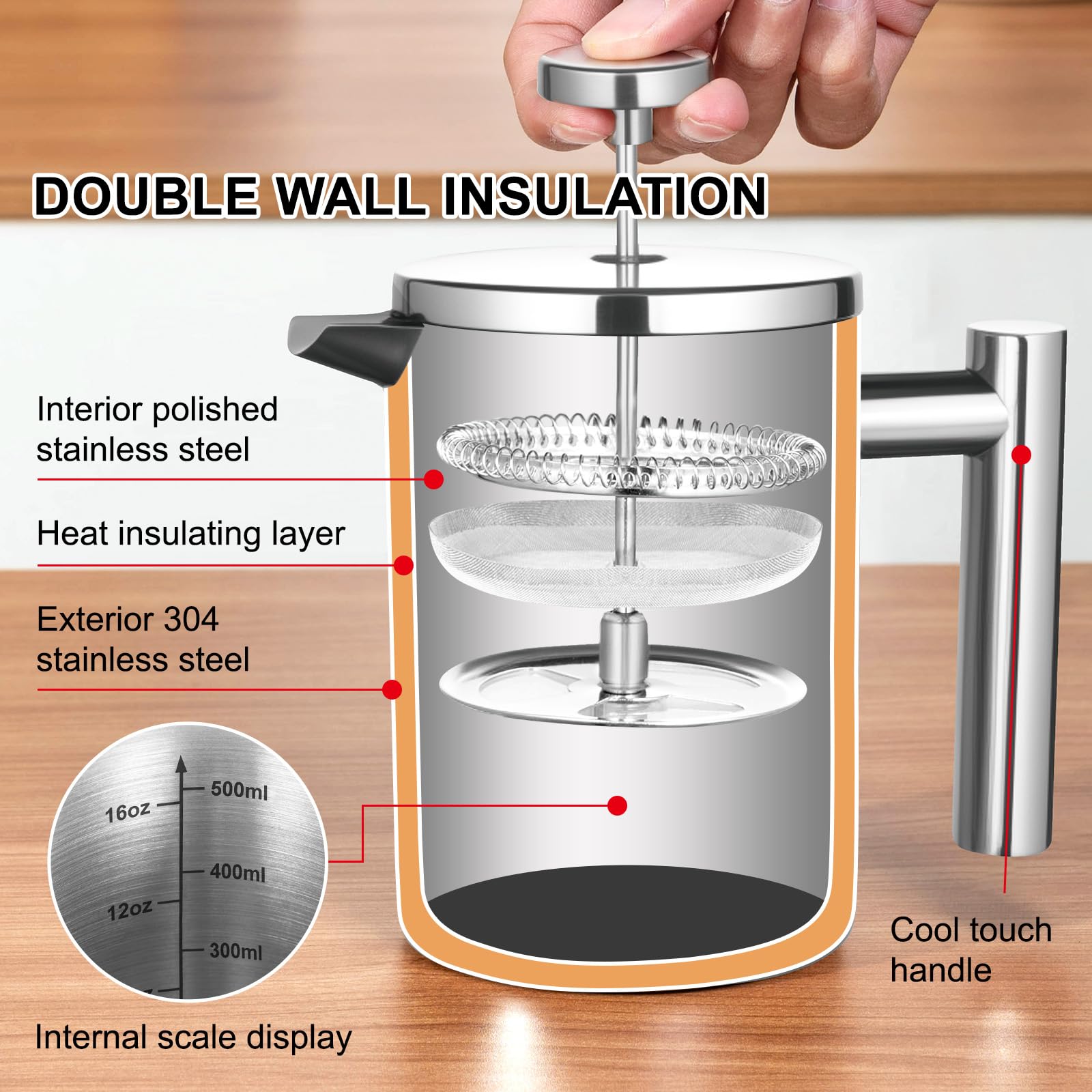 French Press Coffee Maker with Scale, 304 Stainless Steel French Press,17OZ