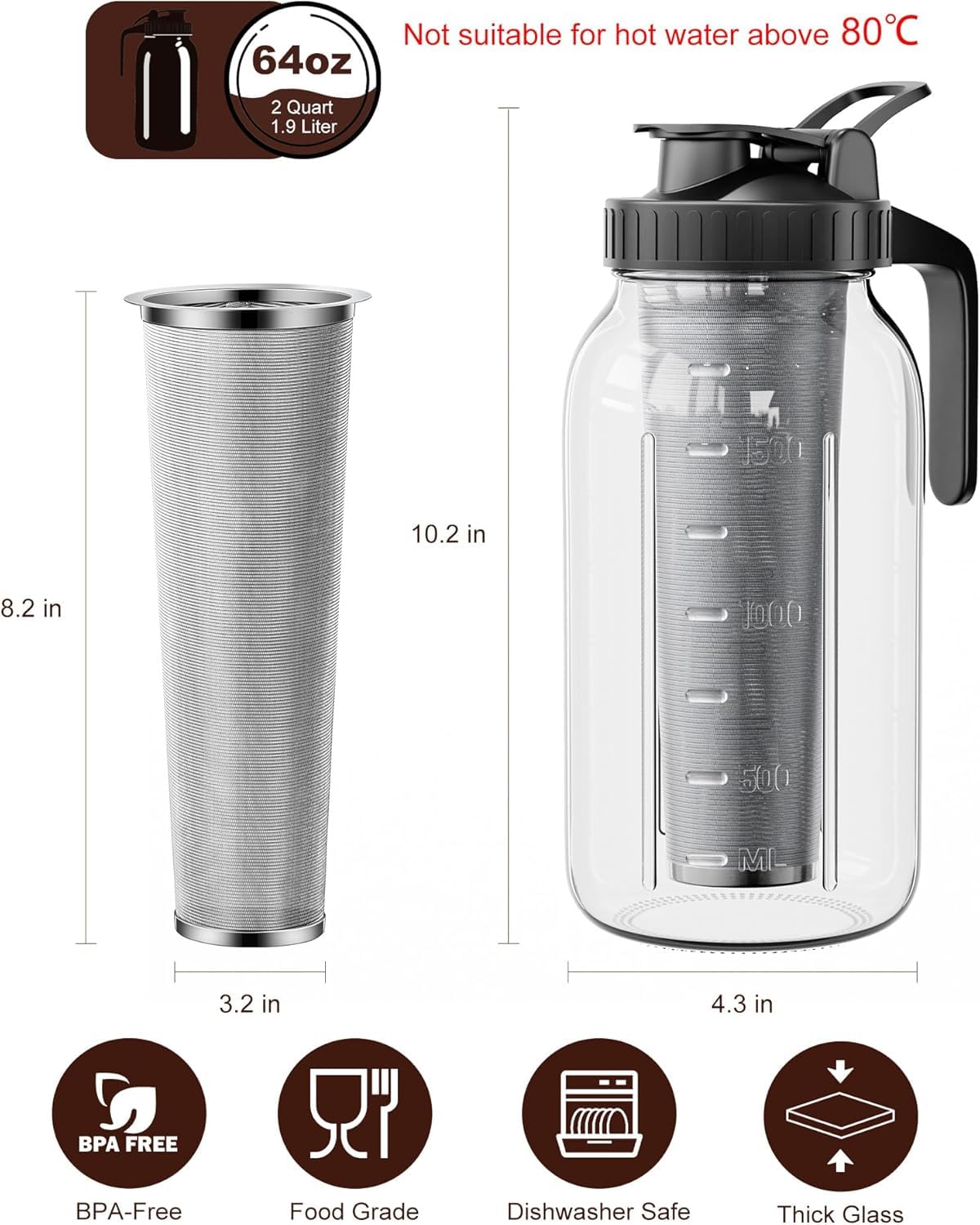 2 Pack Cold Brew Coffee Maker, 64oz Mason Jar Pitcher with 100μm 304 Filter