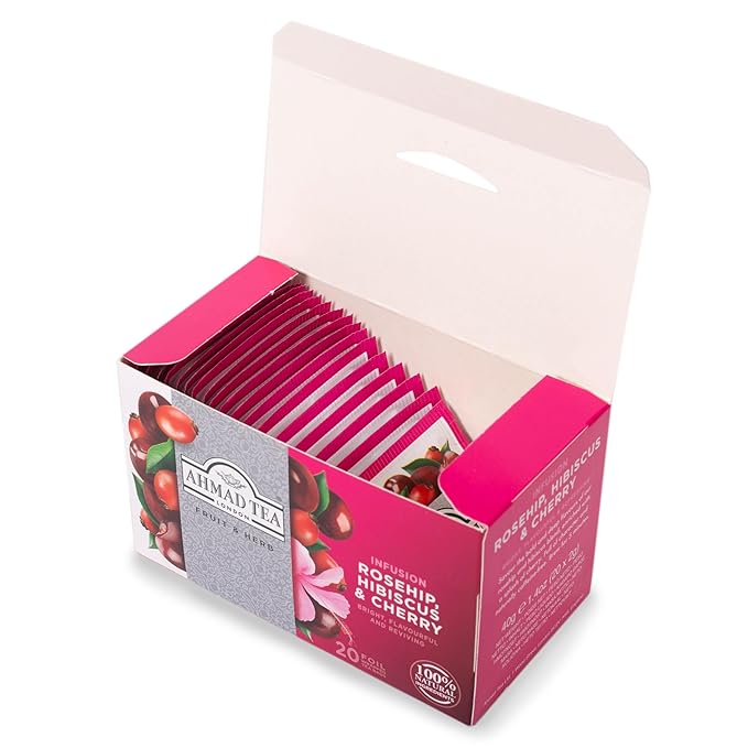 Ahmad Tea Herbal Tea, Rosehip, Hibiscus, & Cherry, 20 ct (Pack of 1) - Decaffeinated & Sugar-Free