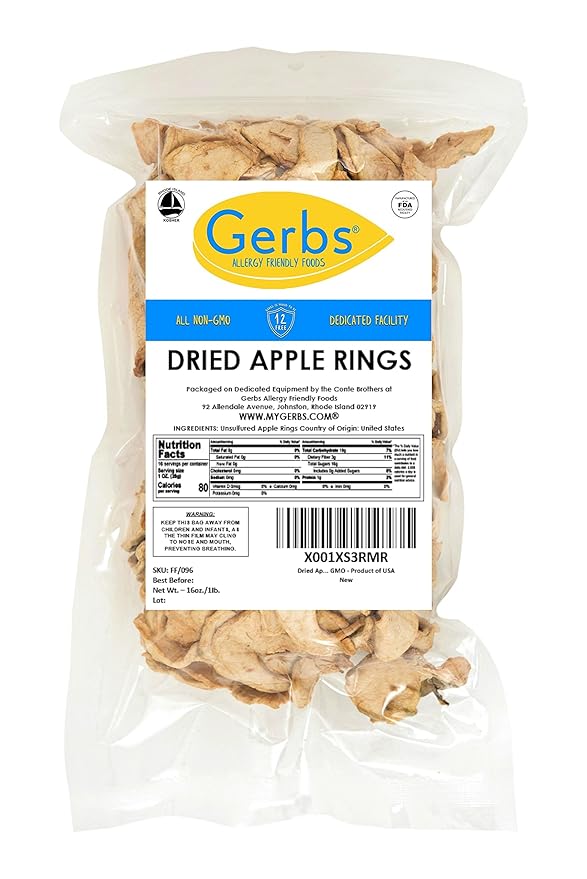 Gerbs Dried Apple Slices 1 lb. | Unsulfured, No Sugar Added, Preservative-Free | Naturally Sweet & Chewy | Top 14 Allergen-Free