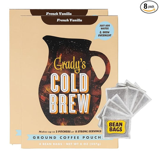 GRADY’S COLD BREW, French Vanilla, 100% Arabica Ground Coffee & Chicory Pouches, TWO Bundles of 4 Easy-to-Brew Bean Bags, Makes 24 drinks