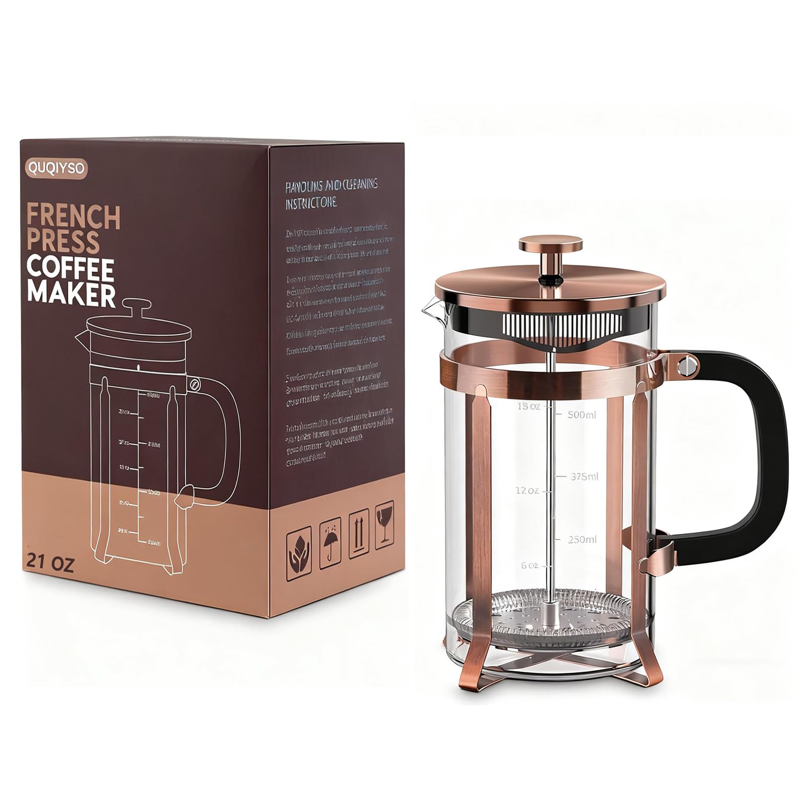 QUQIYSO French Press Coffee Maker 21oz,Borosilicate Glass Coffee Press