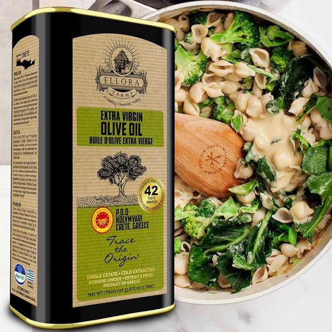 Ellora Farms, Single Estate PDO Greek Extra Virgin Olive Oil, Cold Pressed & Traceable Olive Oil, Kosher, 1 Lt Tin (33.8 oz.), Pack of 4