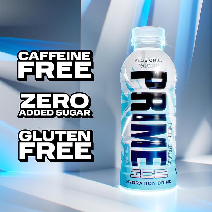 PRIME Hydration ICE BLUE CHILL, Sports Drinks, Electrolyte Enhanced for Ultimate Hydration, 250mg BCAAs, B Vitamins, Antioxidants, Low Sugar, 16.9 Fl Oz, 12 Pack