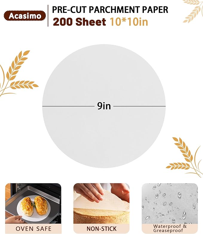 200Pcs Parchment Paper Rounds, 9 Inch Baking Parchment Circles, Precut Baking Sheets Round, Burger Patty Paper Liners for Tortilla Press, Cake Pan, Air Fryer, Springform Pan, Pizza Pan, Cake Cookie