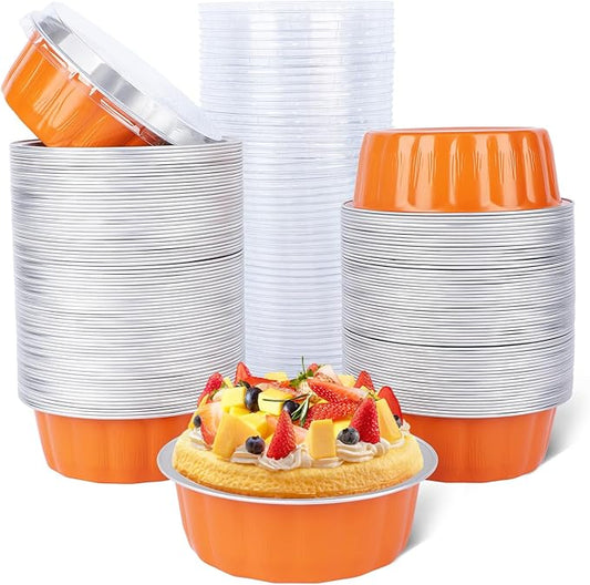 Beasea Ramekins Baking Cups with Lids, 120 Pack 8 oz 4 Inch Mini Disposable Orange Aluminum Foil Creme Brulee Baking Cups Small Round Cupcake Tart Pie Tins Pans Individual Containers Oven Safe