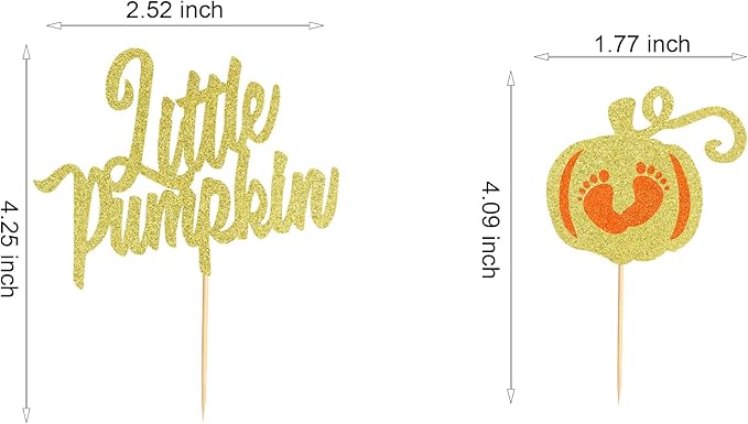 24Pcs Little Pumpkin Cupcake Toppers - Baby Shower Cake Decorations with Baby Feet Pumpkin Cupcake Picks for Thanksgiving, Halloween, Kids Birthday Parties - Gold Glitter