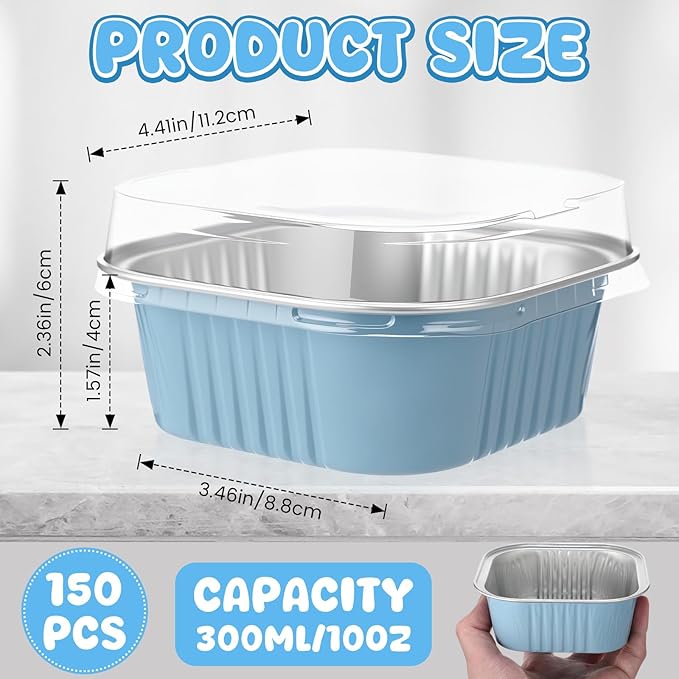 Aoriher 150 Pieces 10 oz Mini Cake Pans with Lids Aluminum Foil Baking Cups Square Disposable 4" x 4" Large Cupcake Cups Baking Tins for Kitchen Brownie Pudding Desserts Holders(Sky Blue)