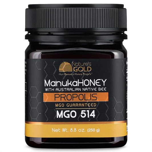 Nature’s Gold Raw Manuka Honey with Australian Native Bee Propolis, MGO 514+ | 8.8oz (250g), 100% Pure Genuine Traceable Hive to Home