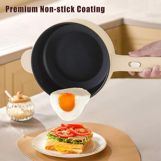Dezin Electric Cooker, 2L Non-Stick Saut챕 Pan, Rapid Noodles Cooker, Mini Pot for Steak, Egg, Fried Rice, Ramen, Oatmeal, Soup with Power Adjustment, College Dorm Room Essential