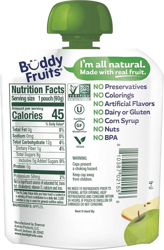 Buddy Fruits Snacks To Go Orchard Blend Unsweetened Applesauce 3.2oz Pouch (18pk) Gluten-Nut-Dairy-Preservatives-BPA Free, Non GMO, Kosher