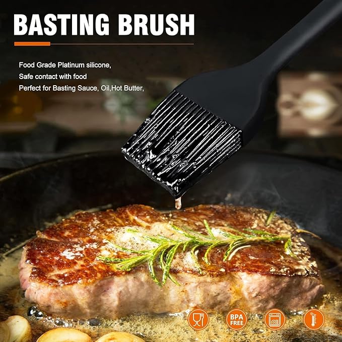 Walfos Basting Brush Silicone and BBQ Mop, Grill Basting Mop with 3 Heads and 2Pcs Pastry Brushes, Wooden Long Handle, Heat Resistant for Grilling, Smoking Steak, Kitchen Cooking (18"竊?,<div>