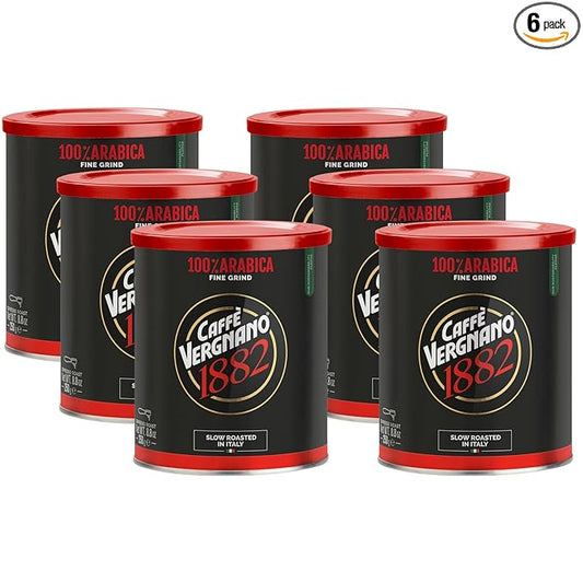 Caffì±?Vergnano Italian Finely Ground 100% Arabica Espresso Coffee, 6 Pack ??Intensity 6, Delicate & Subtly Fruity Blend, Slow Roasted with Notes of Milk Chocolate, Caramel & Nuts, 8.82 oz Tin