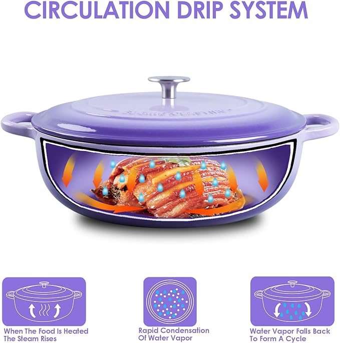 Enameled Cast Iron Dutch Oven Shallow Casserole Braiser with Dual Handle, 3.8 QT, Purple
