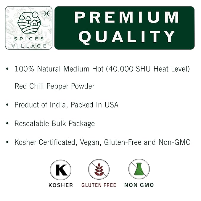 Spices Village Red Chili Powder, Medium Hot Ground Red Peppers for Cooking, 8 oz, Kosher Certified, Indian Chili Seasoning, Gluten Free, Non GMO, Cayenne Pepper Powder, Resealable Bulk Bag