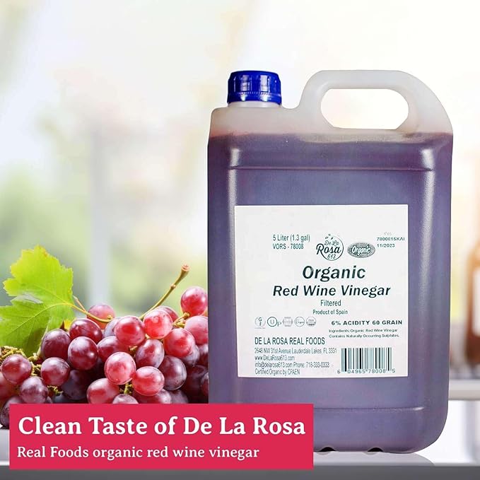 De La Rosa Organic Red Wine Vinegar, Filtered, Kosher for Passover, Vegan, Non-GMO & Gluten Free, Great for Salad Dressings, Marinades & More, Organic Red Wine Vinegar, 5 Liter (Pack of 1)
