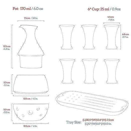 TEANAGOO Traditional Japanese Sake Set, Sake Carafe(6 Oz) with 6 Sake Cups (0.9 Oz) for Hot or Cold Japanese Soju Liquor with Serving Bambo Tray Gift Sets 10pcs/set,Saki Sets Traditional Carafe Set