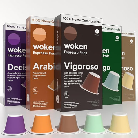 Woken Coffee Compostable Nespresso Pods Variety Pack - Dark and Medium Roast Italian Espresso Compostable Coffee Pods Compatible with Nespresso Machine (50 Pods, 5 Boxes) (Pack of 5), Variety Pack)