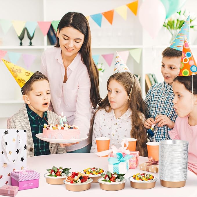 Beasea Aluminum Foil Ramekins, 7.3oz 200 Pack 4 Inch 215ml Disposable Ramekins Foil Cups No Lids Baking Ramekin Cup Cupcake Aluminum Mini Baking Cups for Party - Rose Gold