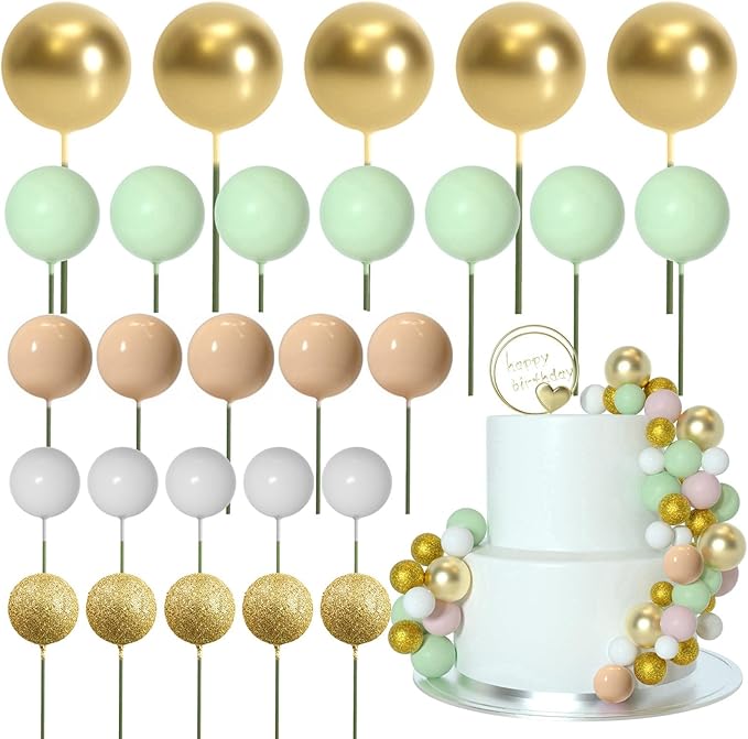 ASTARON 50 Pcs Ball Cake Topper Sticks Mini Balloons for Cake Decorating Supplies Foam Balls Cake decorations for Baby Shower Cake Birthday Cake Toppers Decorations (Light Brown竊똆reen)