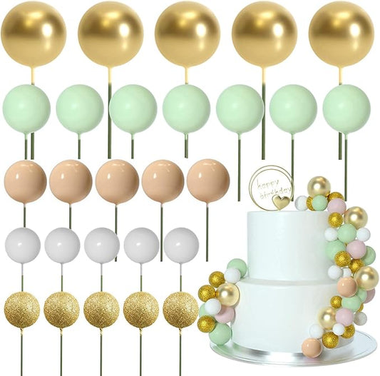 ASTARON 50 Pcs Ball Cake Topper Sticks Mini Balloons for Cake Decorating Supplies Foam Balls Cake decorations for Baby Shower Cake Birthday Cake Toppers Decorations (Light Brown竊똆reen)