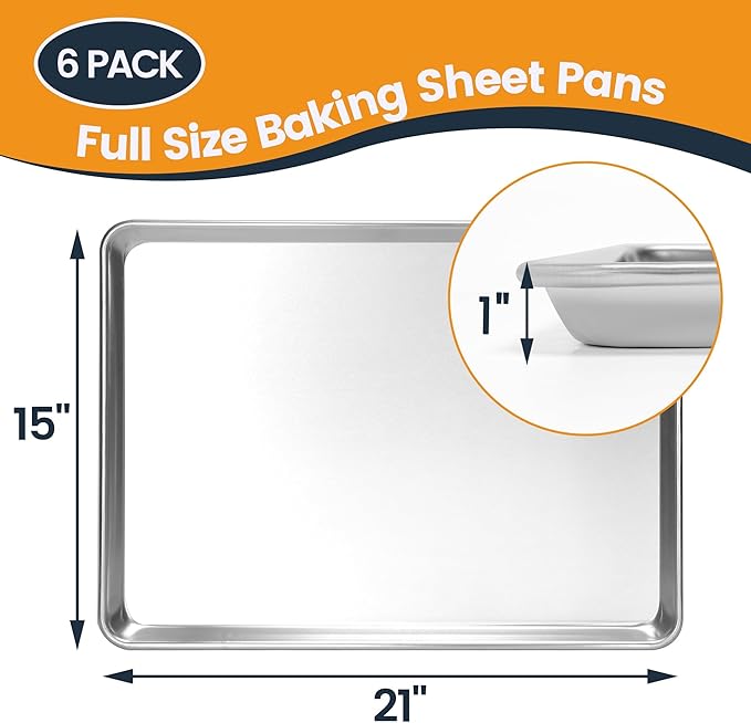 6 Pack Big Size Baking Sheet Pan, Aluminum Commercial Cookie Sheet Pan, Durable & Anti-Stick 15?쓝 21??,<div>