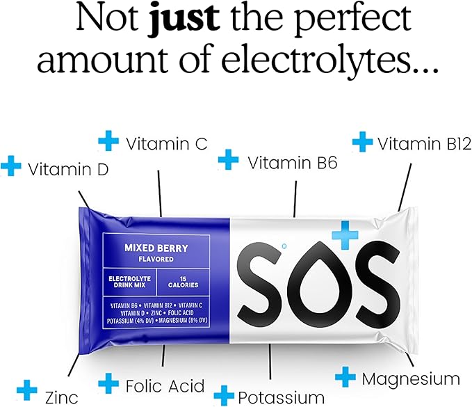 SOS Hydration Electrolyte Powder 8 Stick Packs ??Low-Calorie, Rapid Rehydration, Made in USA, Keto (8 Servings, Mixed Berry)