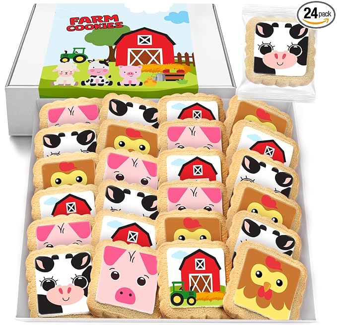 Farm Animal Cookies 24 Pack Party Favors Decorated Bulk | INDIVIDUALLY WRAPPED Sugar Cookies | Barn Yard Baby Shower Birthday Party | Peanut & Nut Free | Barn Tractor Pig Cow Chicken Treats