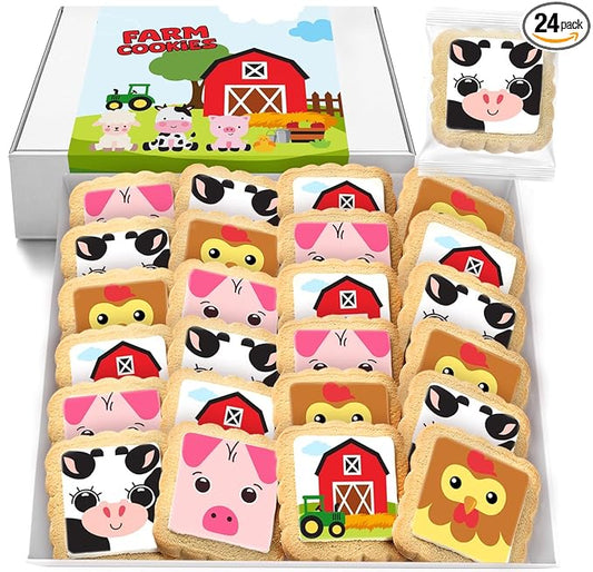 Farm Animal Cookies 24 Pack Party Favors Decorated Bulk | INDIVIDUALLY WRAPPED Sugar Cookies | Barn Yard Baby Shower Birthday Party | Peanut & Nut Free | Barn Tractor Pig Cow Chicken Treats