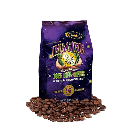 Imagine Kona Organic Coffee Beans | Arabica Kona Beans | Top Grade Air Roasted | Medium Dark Roast | Organic Whole Bean - 8oz