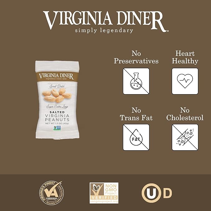 Virginia Diner XL Blister Roasted Gourmet Virginia Peanuts ??All Natural, Heart Healthy, Plant-Based Protein 1.5oz (Pack of 25) Salted for Lunch Box or Snacking