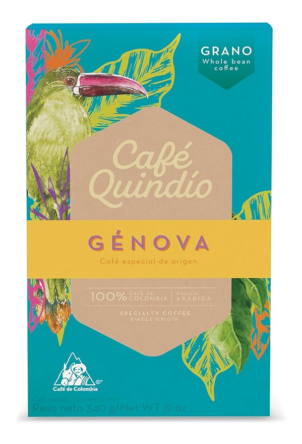Cafe Quindio Genova Single Origin - Medium Roast 100% Colombian Excelso Whole Bean Arabica Coffee - 12 Ounce Bag (340g)