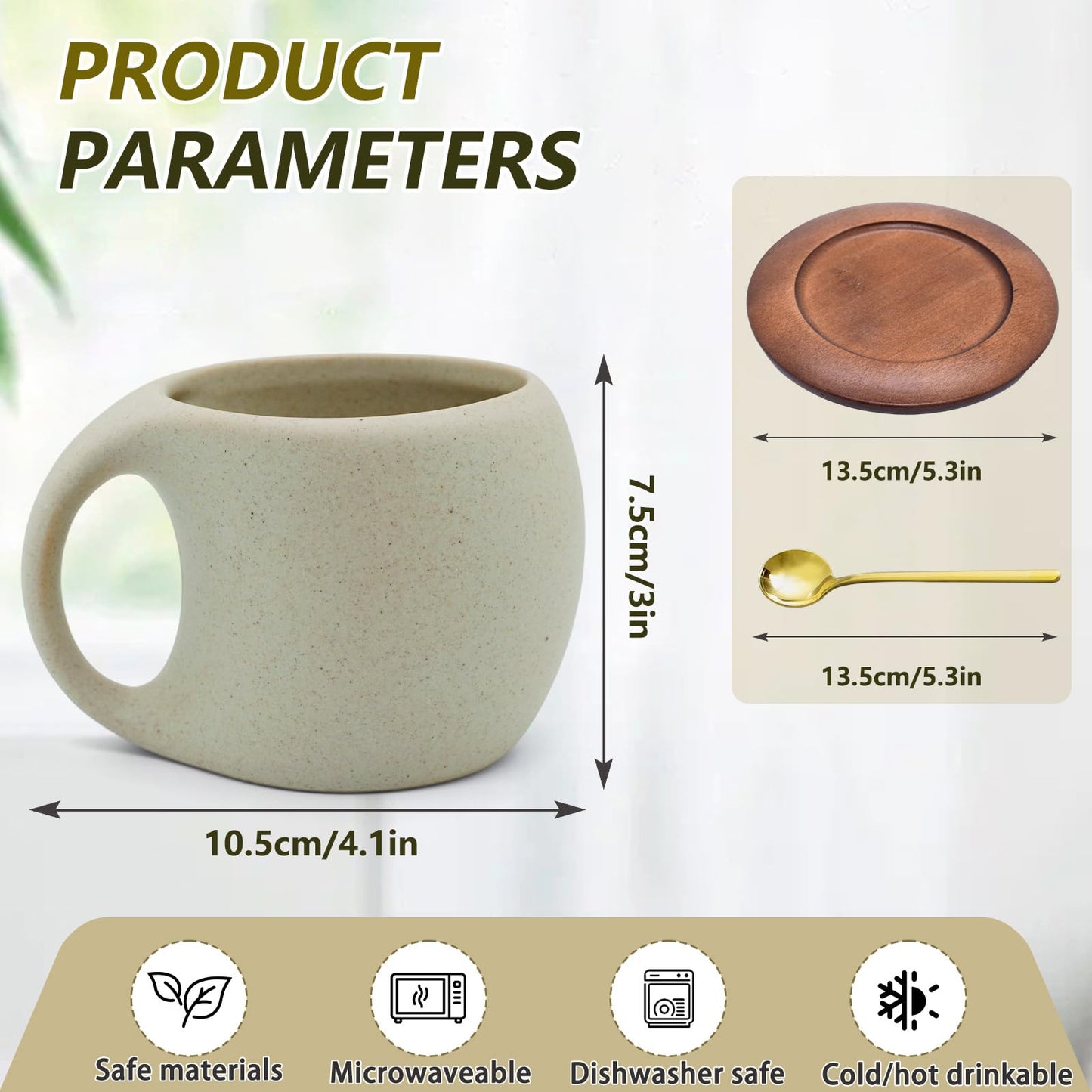 Ceramic Coffee Mug Set with Natural Wood Saucer & Spoon - 8.5 Oz Elegant Tea Cups for Latte, Hot