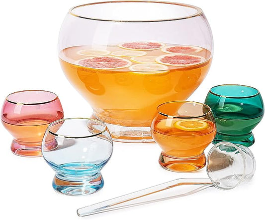 Colorful 1.7 Gallon Punch Bowl with 4 10oz Glasses Set with Ladle Gift For Mothers Day, Her, Wife, Mom, Friend - Colored Set Margarita, Cocktails, Juice, Punch Drink bowl for Parties, Weddings