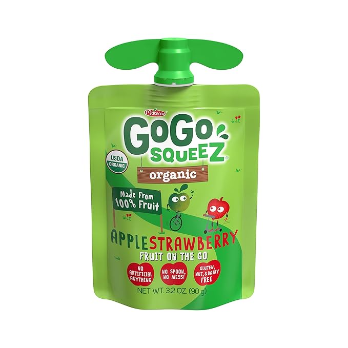 GoGo squeeZ Organic Applesauce and Fruit Puree Apple Strawberry, 3.2 oz (Pack of 48), Unsweetened Organic Fruit Snacks for Kids, Gluten Free, Nut Free and Dairy Free, Recloseable Cap, BPA Free Pouches