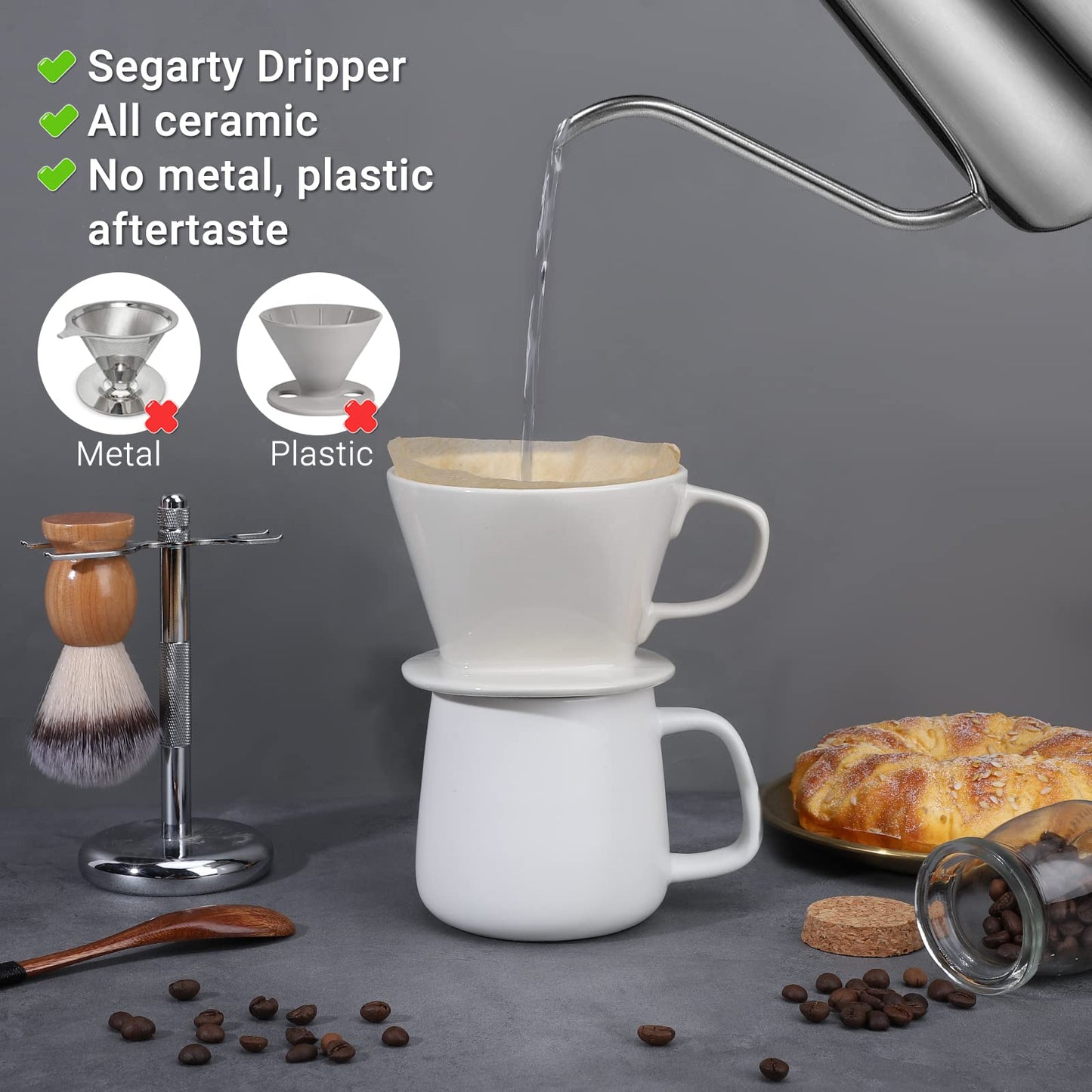 Segarty Pour Over Coffee Maker, Single Cup White Ceramic Coffee Dripper, Size No.2 Reusable Filter