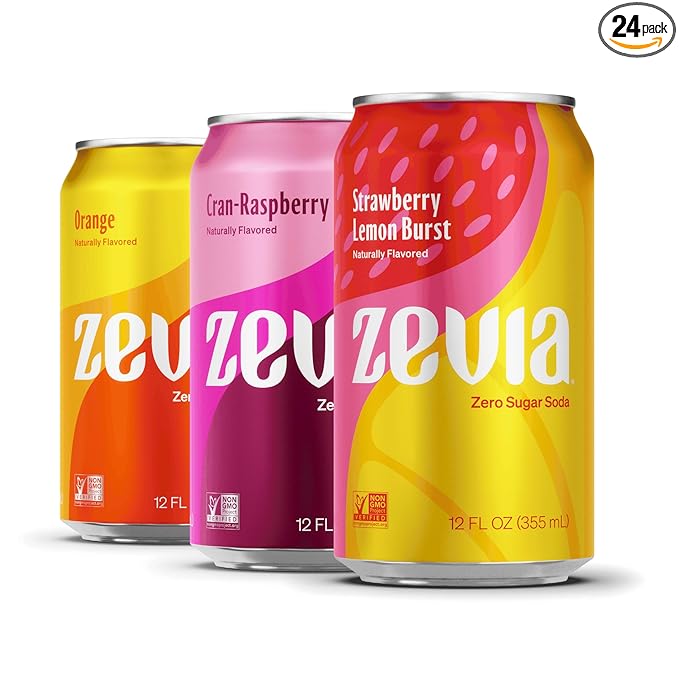 Zevia Zero Sugar Soda, Fruity Variety Pack, 12 oz Cans (24-Pack) ??Naturally Sweetened, Zero Calorie Sugar Free Soda - Non-GMO Project Verified, Gluten-Free, Vegan