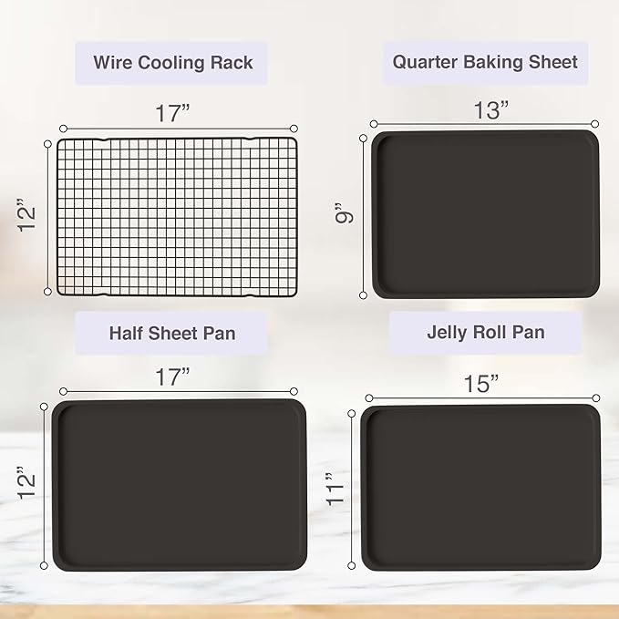 3 Cookie Sheets for Baking + Cooling Rack, Non Stick Baking Sheet Set with Cookie Cooling Rack - Half/Quarter/Jelly Roll Pan with Wire Rack, Sheet Pan Set of 3, Non Toxic Baking Sheets for Oven.