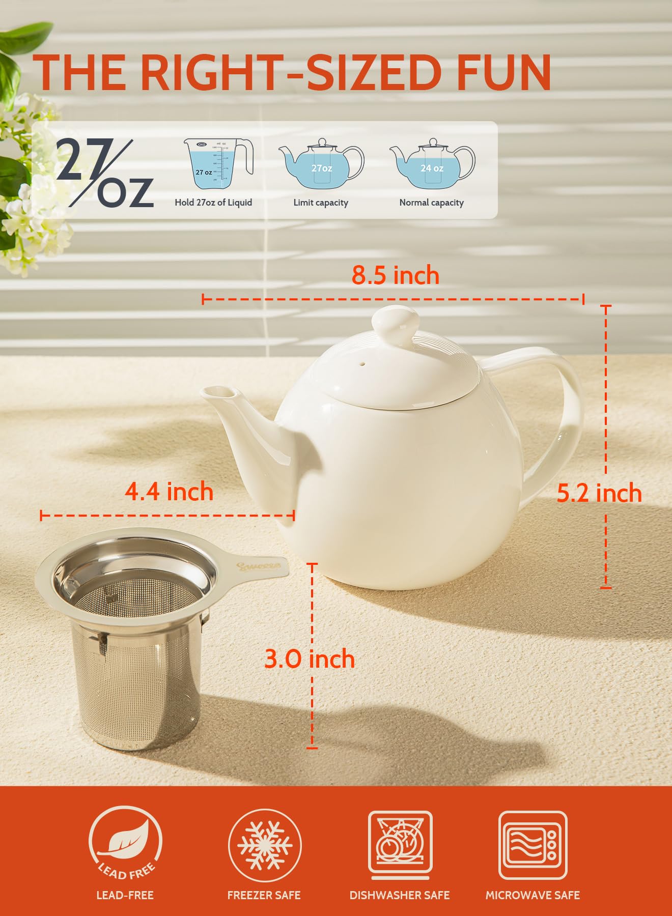 Sweese Teapots for Tea, 27 oz Porcelain Tea pot with Removable Stainless Steel Infuser, Tea Pots