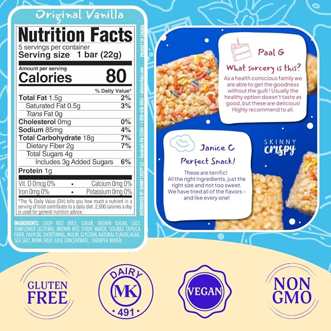 Skinny Crispy Original Vanilla Rice Treats ??Low Sugar (4g), Vegan, Gluten-Free, Dairy-Free, Non-GMO, Top 9 Allergen-Free, Healthy Snack Bars, 10 Count