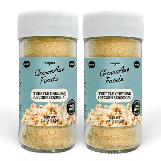 GrownAs Truffle Cheddar Popcorn Seasoning, 2.3 Oz. - Real Black Summer Truffle & Vegan Cheese Flavor, Dairy Free, Soy Free, Non-GMO - Veggies, Noodles & Soup