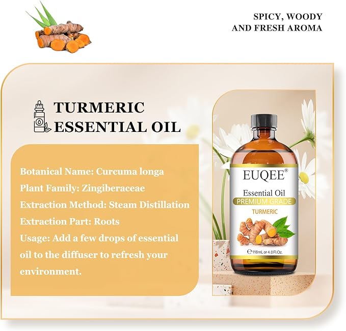 Turmeric Essential Oil 118 ml Pure Turmeric Essential Oil for Diffusers, Candle Making, DIY Soap - 4Fl. Oz