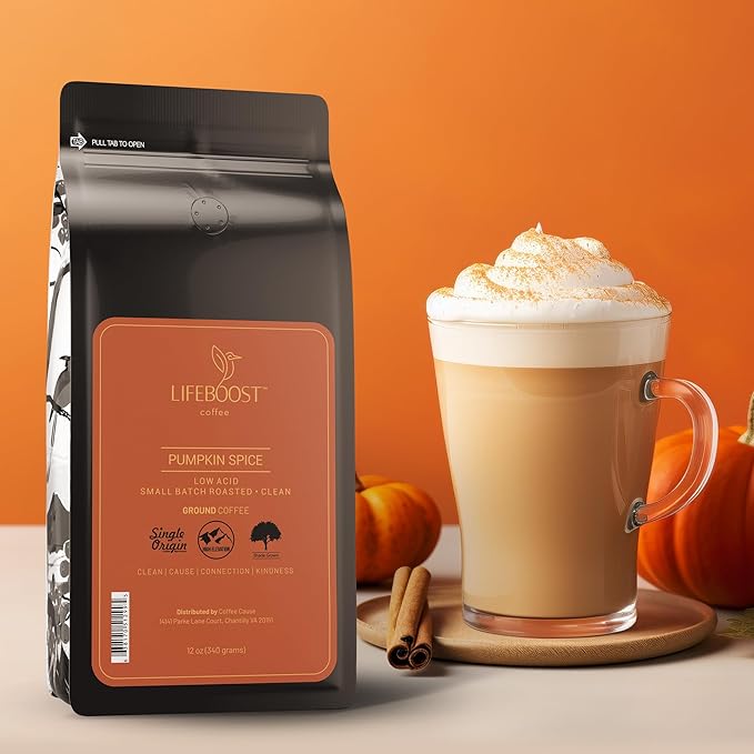Lifeboost Pumpkin Spice Coffee Whole Bean ??Organic, Low Acid, Non-GMO - Cozy Fall Time Blend ??Single Origin Medium Roast, Mycotoxin-Free Flavored Coffee, 12 oz