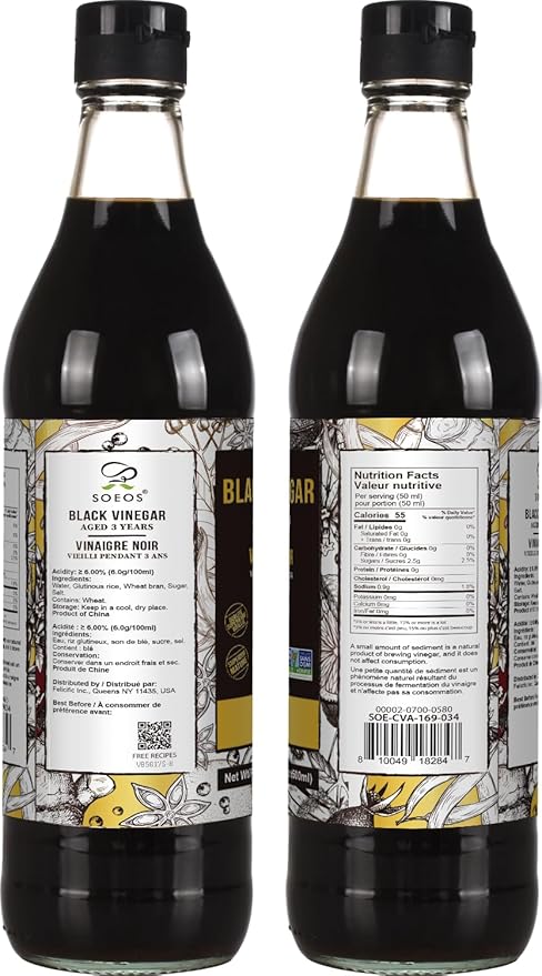 Soeos Chinkiang Vinegar 16.9 fl oz (500ml), 3 Years Aged, Naturally Fermented, Mature Aged Black Vinegar, Chinese Black Vinegar, Zhenjiang Vinegar, Black Rice Vinegar, Black Vinegar Chinese.