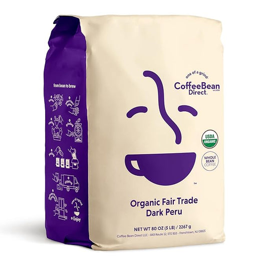 Coffee Bean Direct Organic Fair Trade Dark Peru, Whole Bean Coffee, Dark Roast, 5 Pound Bag (Pack of 1)
