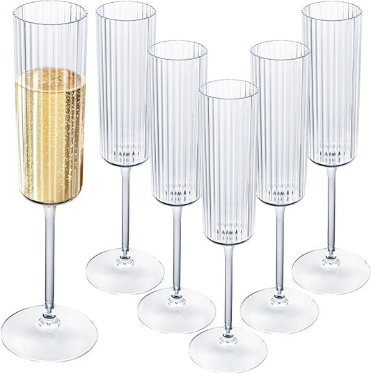 Ciaell 24 Pack Plastic Champagne Flutes - 6oz Ribbed Disposable Champagne Glasses - Clear Vintage Mimosa Glasses with Long Stem, Elegant & Lightweight for Weddings, Birthdays, Parties