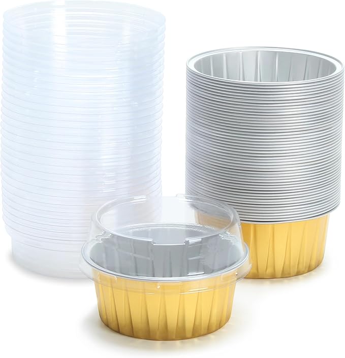 Aluminum Cups with Lids, 4.2oz 50Pcs Gold Disposable Cake Pans with Lids, Creme Brulee Cups, Mini Cake Pans for Party, Wedding, Birthday