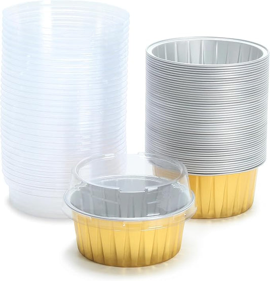 Aluminum Cups with Lids, 4.2oz 50Pcs Gold Disposable Cake Pans with Lids, Creme Brulee Cups, Mini Cake Pans for Party, Wedding, Birthday