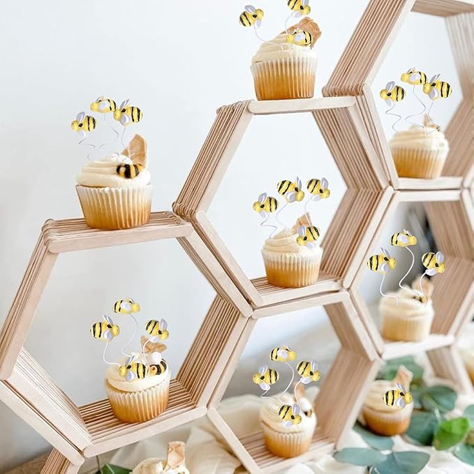 30 PCS Bumble Bee Cupcake Toppers Resin Little Figurine Bee Cupcake Picks Oh Babee Cake Decorations for Bee Theme Baby Shower Kids Boys Girls Birthday Party Decoration Supplies Gold